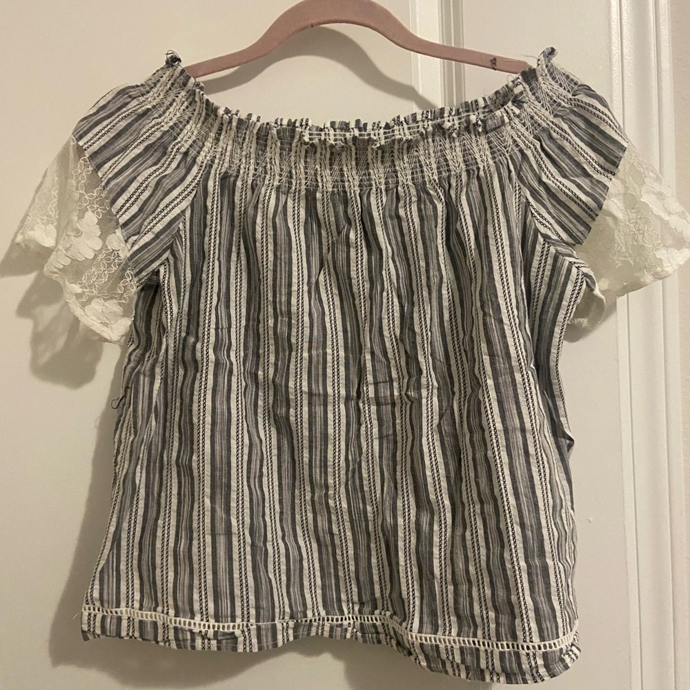 Striped Off-Shoulder Top with Lace Sleeves